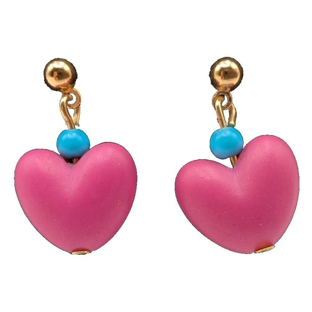 Vintage 1980s Avon Matte Pink Puffy Heart Teal Accent Bead Retro Dangle Earrings